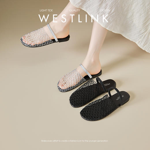 西遇镂空网面半拖鞋女夏季新款一脚蹬包头凉鞋平底外穿凉拖鞋V1156761 商品图0