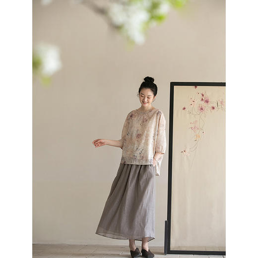 牧衣游原创 印花100支新疆棉套头衫新款圆领轻薄七分袖上衣 通禅 商品图2