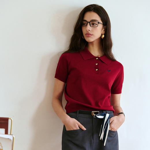 OLrain欧芮儿红色POLO领简约通勤毛针织套头衫女夏季2025新款T恤 商品图3