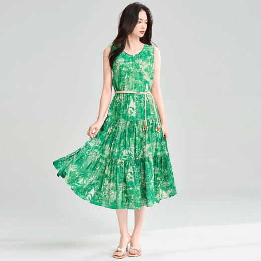 丁摩 夏季 绿野仙踪 绿色印花大裙摆背心裙度假风无袖连衣裙5ZF-25055 商品图0