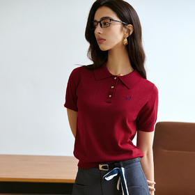 OLrain欧芮儿红色POLO领简约通勤毛针织套头衫女夏季2025新款T恤