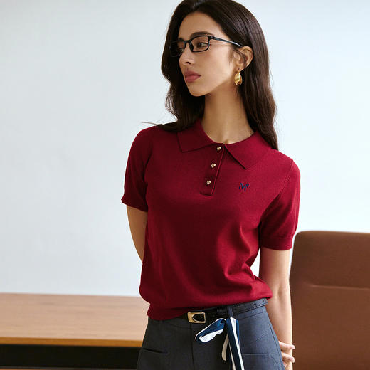 OLrain欧芮儿红色POLO领简约通勤毛针织套头衫女夏季2025新款T恤 商品图0