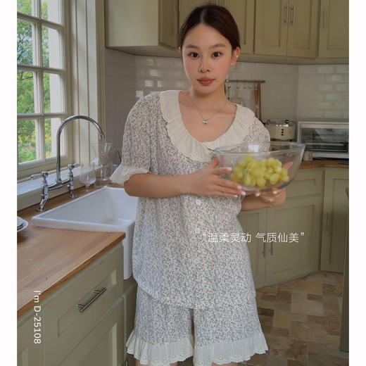 【呼吸气泡棉】2025夏季新款睡蕾丝碎花衣休闲家居服短袖短裤两件套装 商品图4