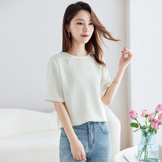 丁摩 【100%桑蚕丝花螺】新中式国风圆领小衫女纯色宽松短袖T恤女5ZF-9662 商品图5