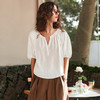 OLrain欧芮儿V领法式白色小上衣女夏季2025新款泡泡袖宽松套头衫 商品缩略图0