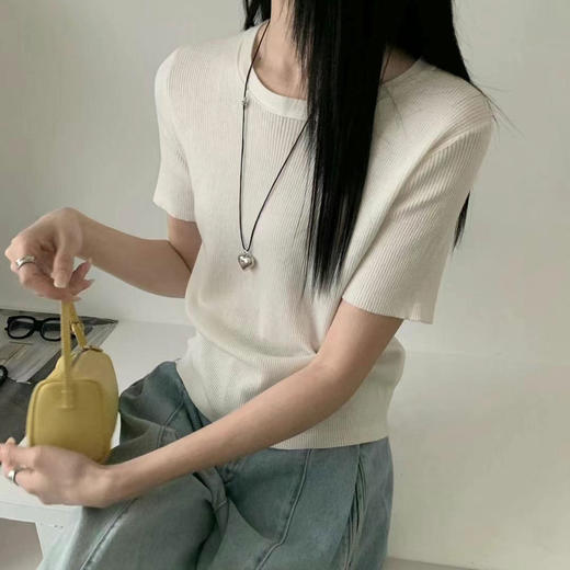 丁摩 春夏桑蚕丝+羊毛软糯舒适短袖针织衫时尚休闲条纹T恤上衣5ZF-25177 商品图9