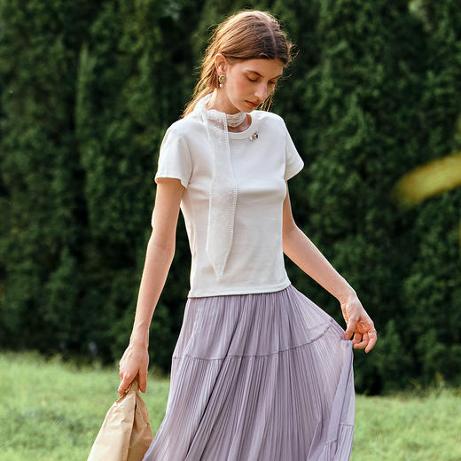 OLrain欧芮儿贝壳装饰白色显瘦T恤夏季2025新款百搭修身短款上衣 商品图2