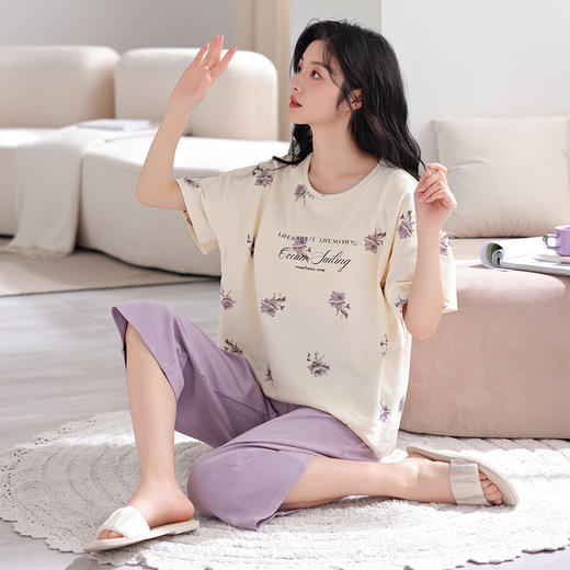I‘d爱帝女士纯棉睡衣自带胸垫文艺印花短袖家居套 商品图1