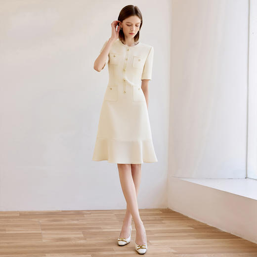 IWY/米白色短袖连衣裙女新款圆领西装裙职场通勤工作服夏Q1351 商品图0