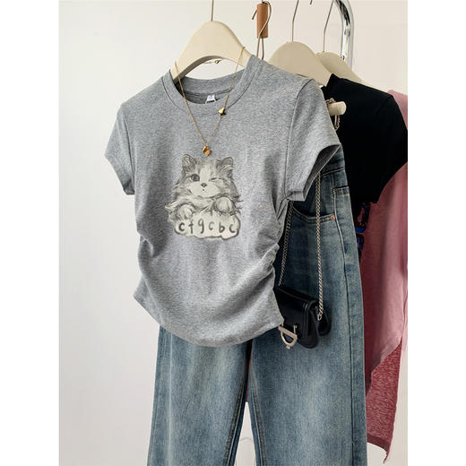 丁摩 胖mm大码女装夏季时髦洋气高级设计感遮肚子收腰显瘦短袖t恤上衣5ZF-5194 商品图0