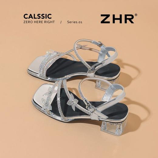 ZHR水钻蝴蝶结凉鞋银色粗跟凉鞋2025夏新款一字带高跟鞋中跟女鞋 商品图0