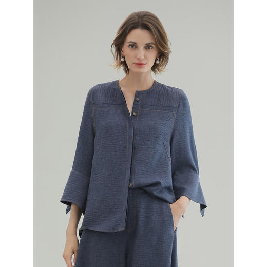 COCOBELLA褶皱肌理感无领七分袖衬衫撞色牛仔线上衣SR0069-2 商品图3