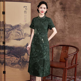 KQ-621629红莨香云纱中国风提花真丝连衣裙绣花大码盘扣民族风女装旗袍