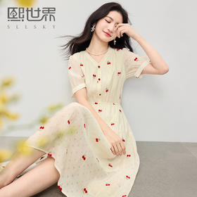 【夏日新品】熙世界樱桃刺绣雪纺连衣裙25夏日新款绝美气质薄纱茶歇长裙子