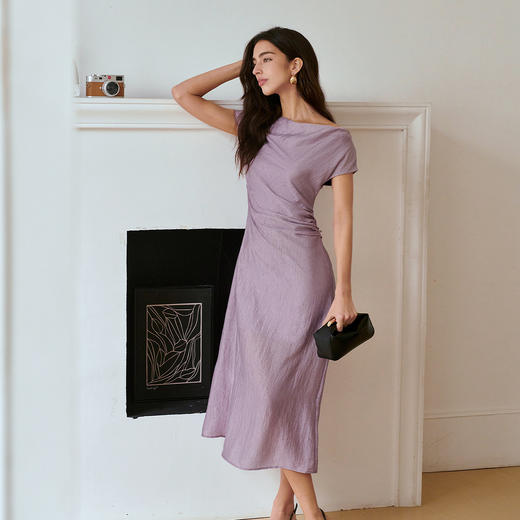 OLrain欧芮儿紫色斜肩法式收腰连衣裙女夏季2025新款显瘦气质裙子 商品图3