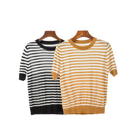 罗纹圆领条纹针织T恤