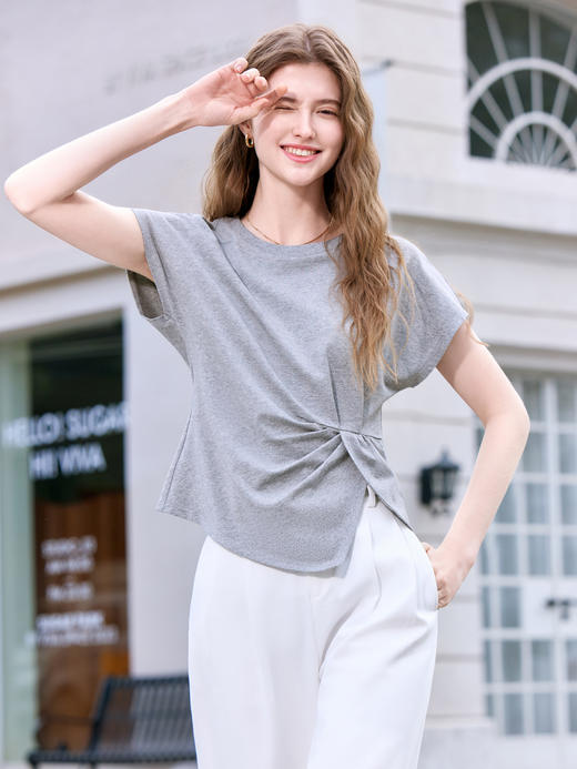 【百图lulu定制】【水波纹T恤】腰部捏褶 高腰显瘦 短袖T恤 商品图0