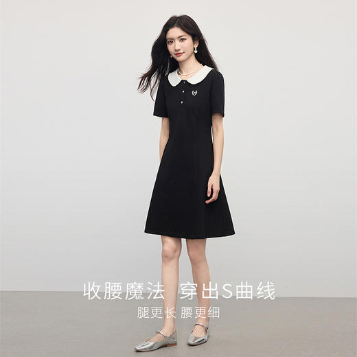 【夏日新品】熙世界通勤学院风娃娃领连衣裙女夏2025新款休闲撞色翻领中长裙子 商品图4