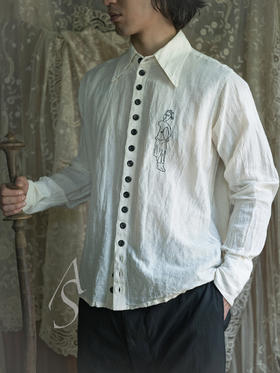 John Alexander Skelton 米色圣像刺绣肌理意织棉麻衬衫