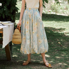 OLrain欧芮儿法式清新花色橡筋束腰花苞裙女夏季2025新款休闲裙子