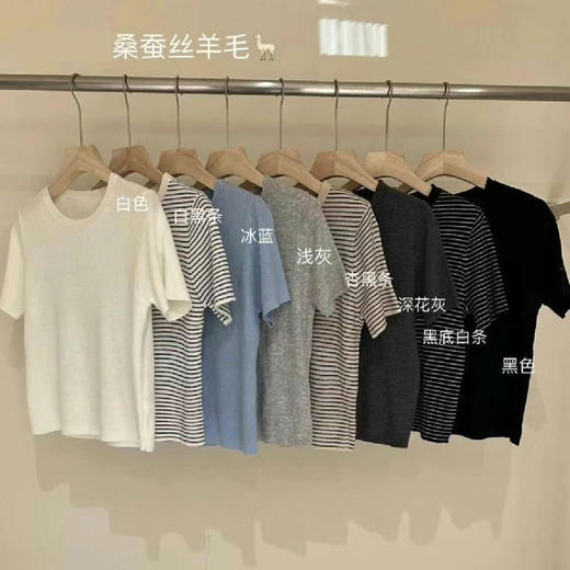 丁摩 春夏桑蚕丝+羊毛软糯舒适短袖针织衫时尚休闲条纹T恤上衣5ZF-25177 商品图5