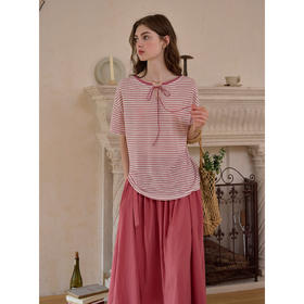 SimpleRetro圆领挖空系带两穿法式条纹T恤女