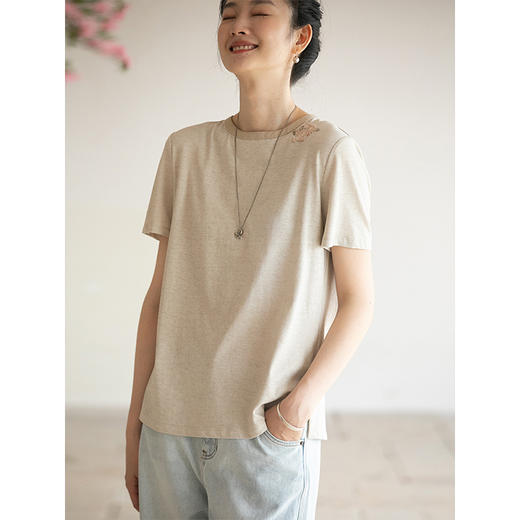 牧衣游原创 汉麻棉手工刺绣T恤女夏季新款炒色质朴百搭短袖 悦野 商品图2