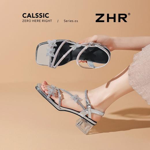ZHR水钻蝴蝶结凉鞋银色粗跟凉鞋2025夏新款一字带高跟鞋中跟女鞋 商品图9
