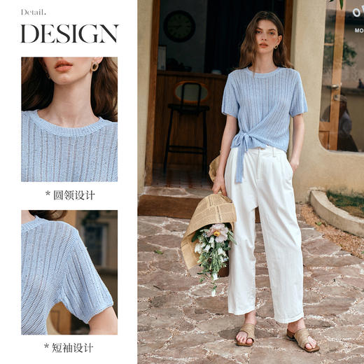 OLrain欧芮儿蓝色圆领绑带套头短袖针织衫女夏季2025新款别致上衣 商品图1