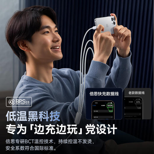 倍思 开元系列 快充充电线 Type-C to C+C+L 60W 1.1m 商品图5