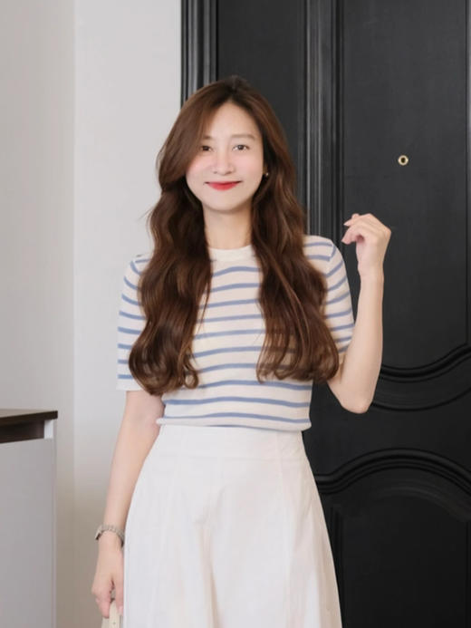 【百图lulu定制】【海魂衫】法式 蓝色条纹 透气凉爽 天丝 短袖针织衫 商品图1