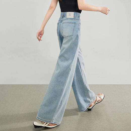 【专属特价】熙世界水洗浅蓝色阔腿牛仔裤女夏季薄款宽松抽绳高腰拖地直筒裤子 商品图4