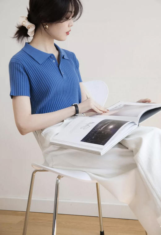 直发【M822】巨显白~克莱因蓝冰丝针织短袖polo衫显瘦减龄上衣 商品图1