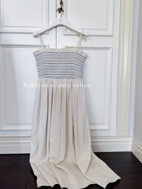 巴黎漫步｜特殊花型打揽 天然有机竹纤维亚麻兰精天丝混纺面料吊带裙  杏色