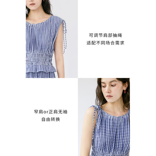 HeyDress法式蓝白格纹连衣裙女夏季复古收腰设计感气质无袖裙子 商品图2
