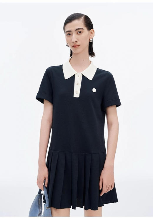 SEL*同款撞色Polo领压褶连衣裙 商品图3