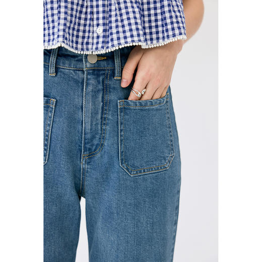 HeyDress复古牛仔裤女夏季高腰显瘦微喇裤薄款双口袋设计感裤子 商品图2