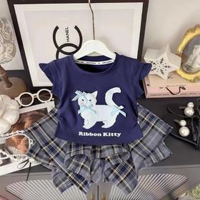 【小猫印花卡通短袖蝴蝶结半身裙两件套】夏季新款小飞袖上衣蝴蝶结半身裙两件套