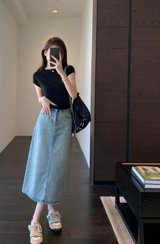 J家原单高级感烫钻显腿长高腰A字开叉半身裙 商品图11