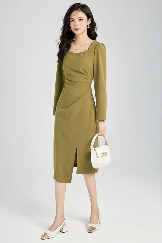 Le Malene 橄榄绿色方领长袖连衣裙 19935 商品图2