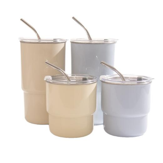 【吸管随手杯】随手杯纯色咖啡吸管水杯漱口杯子不锈钢内胆带盖喝水 商品图4