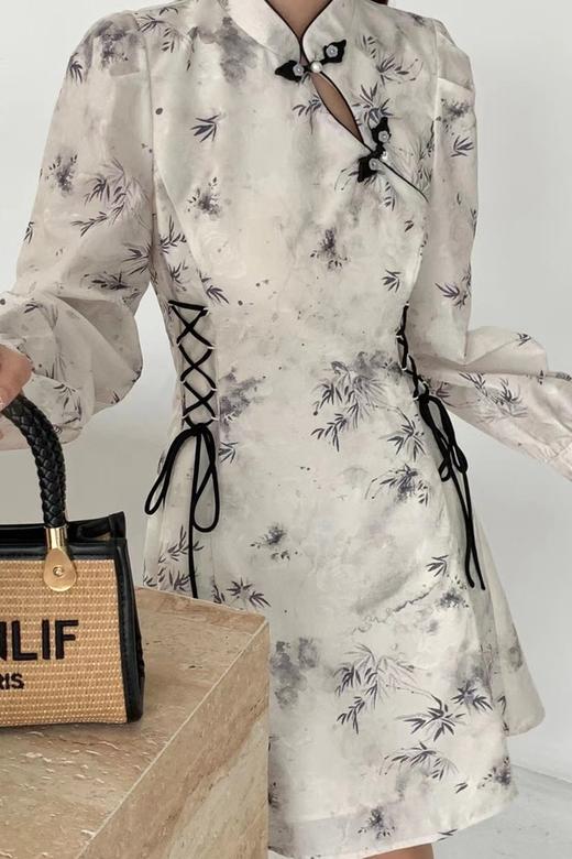 ANSUABEL 水墨竹叶印花盘扣系带收腰连衣裙 20008 商品图1