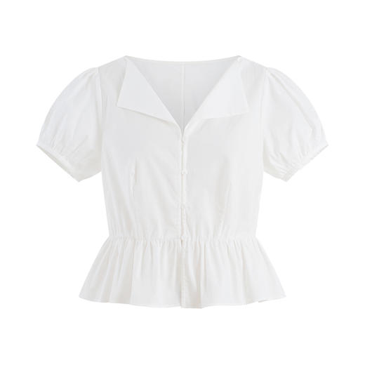 HeyDress法式翻领衬衫女夏季复古收腰纯棉短袖通勤短款泡泡袖上衣 商品图4