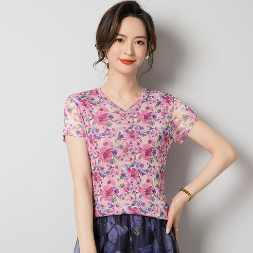 丁摩 网纱真丝印花V领短袖小衫女100桑蚕丝薄款T恤F9044 商品图5