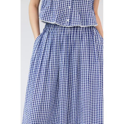 HeyDress蓝色格子套装女夏季方领宽松气质衬衫高腰百褶A字半身裙 商品图1