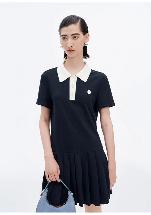 SEL*同款撞色Polo领压褶连衣裙 商品图1