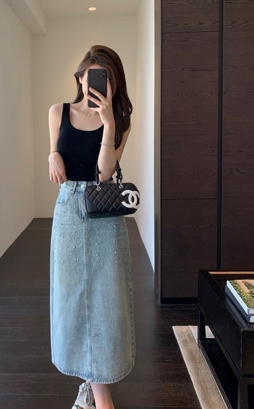 J家原单高级感烫钻显腿长高腰A字开叉半身裙 商品图4