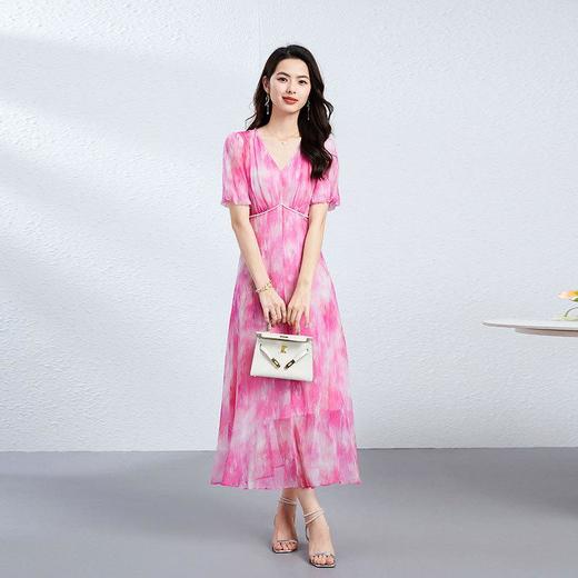 「高货kbnq」全新升级【铂金会员487/天猫659/差价172】(33544)洛诗琳气质桑蚕丝印花连衣裙2025夏季仙气V领收腰a字裙 商品图1