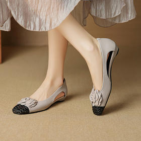 【预售5天】法式拼色镂空花朵浅口单鞋女夏真皮通勤方头透气洞洞凉鞋低跟女鞋YCJX&H-7901