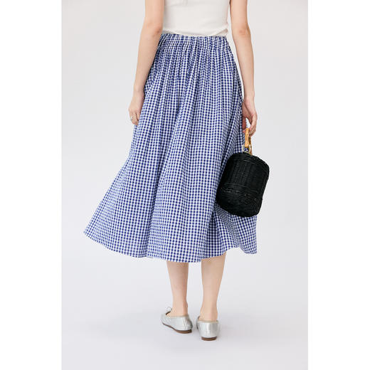 HeyDress蓝色格子套装女夏季方领宽松气质衬衫高腰百褶A字半身裙 商品图3